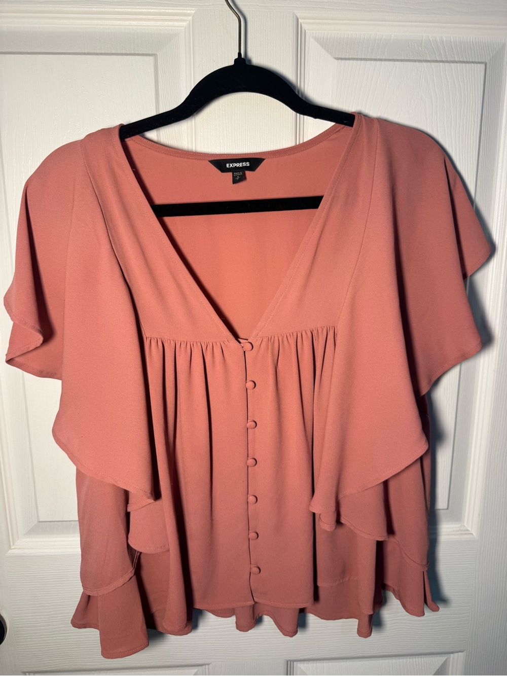 Express Peach Button-Front Ruffle Blouse